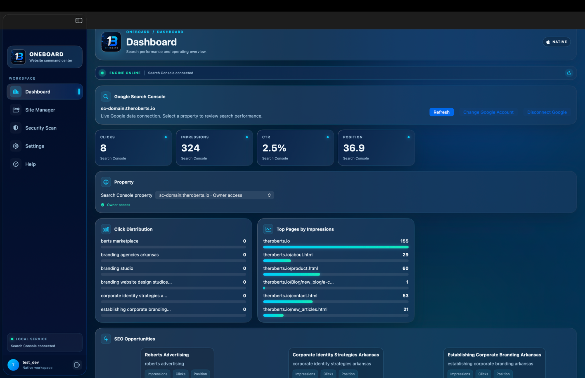 ONEBoard dashboard showing Google Search Console analytics