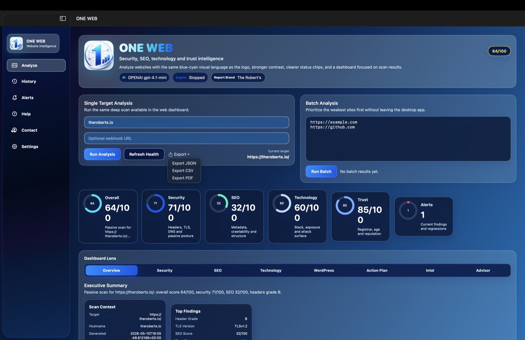 ONE-WEB dashboard with security and SEO scores